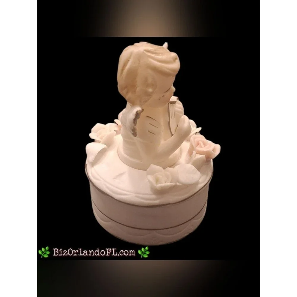 VINTAGE: Porcelain Trinket Jewelry Box Angel Playing Harp Lid Applied Roses HTF
